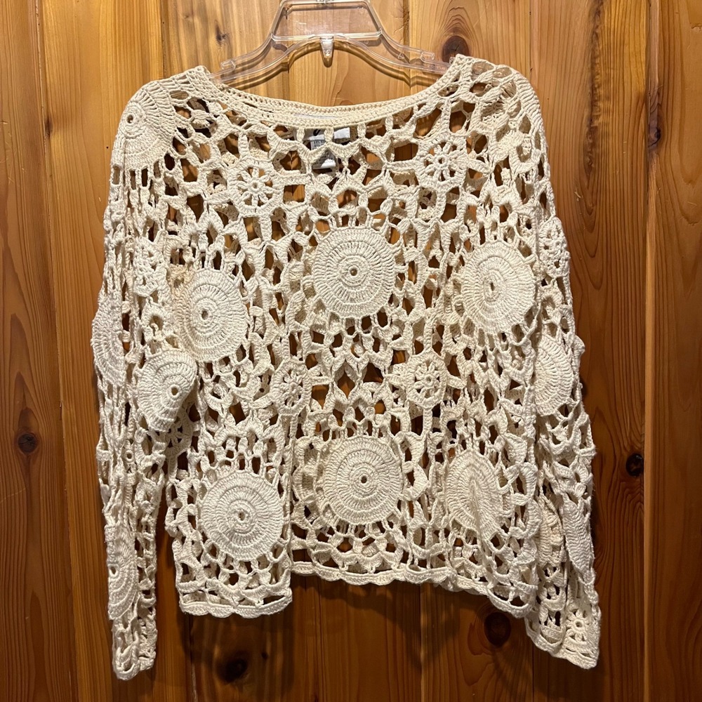 VTG Crochet‎ Lace Top Boho Long Sleeve Shirt Ivory Cream One Size